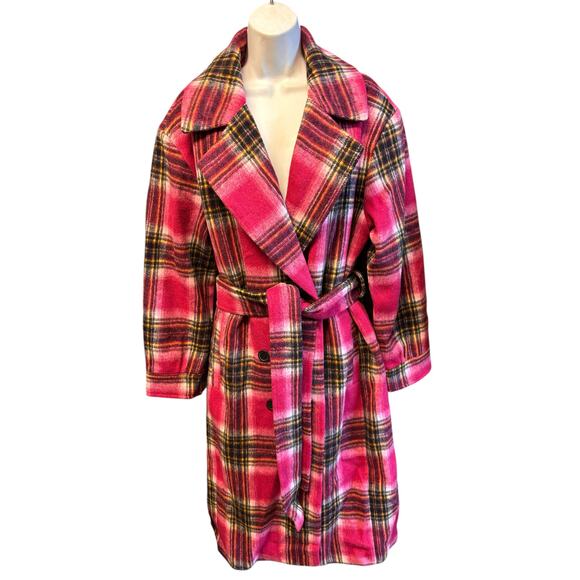 Aqua Jackets & Blazers - AQUA Pink Plaid Belted Coat XL Double Breasted Outerwear NWT $178